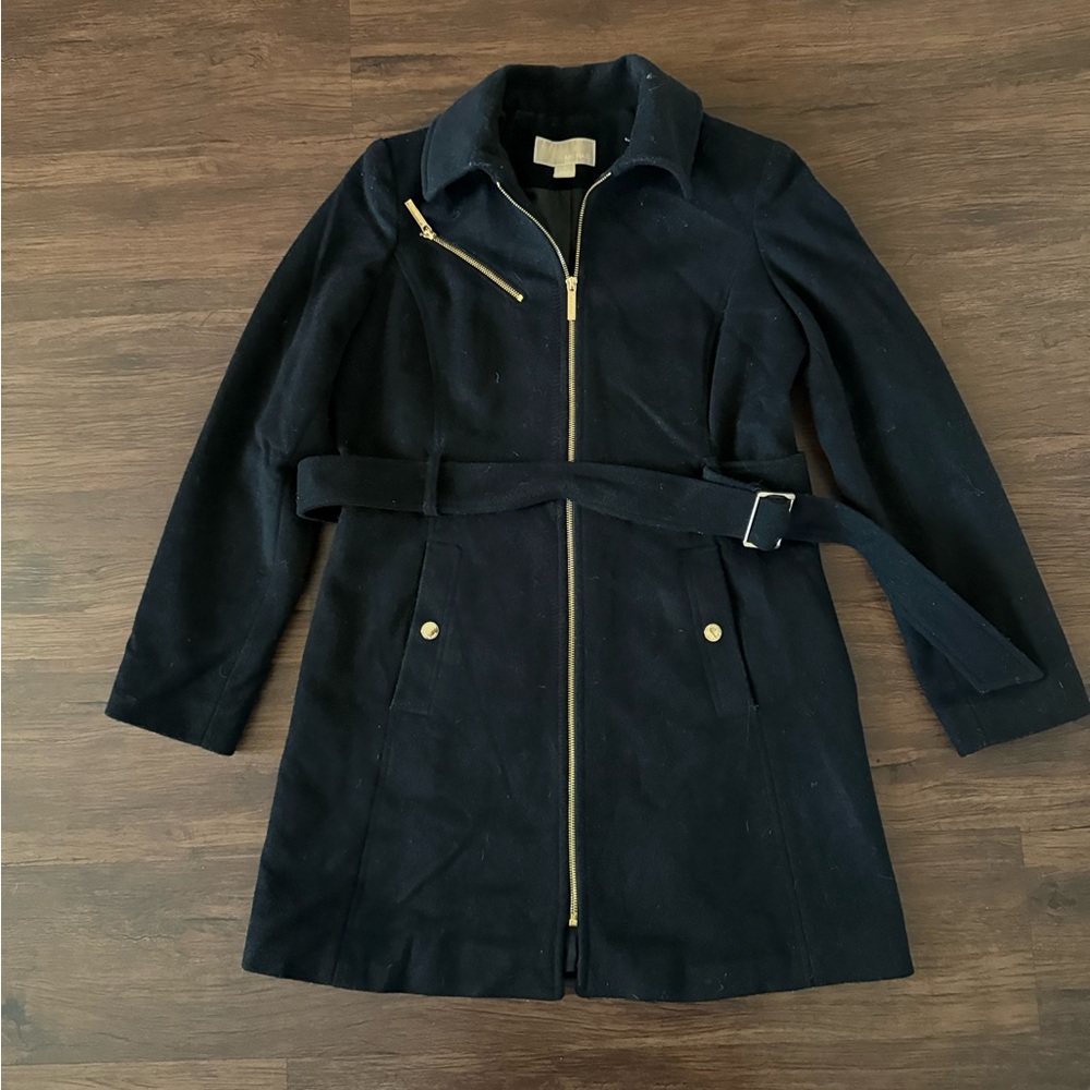 MICHAEL Michael Kors Women’s Pea Coat Black Wool Blend Gold Metalwear